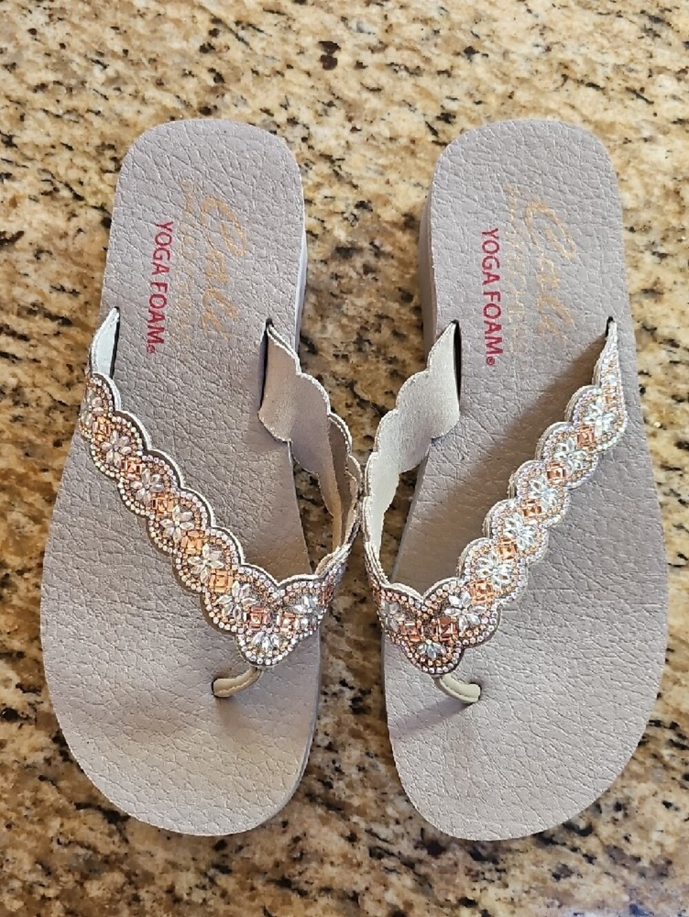 Skechers Cali Yoga Foam Beaded Wedge Flip Flops Rhinestone Platform Sandals - Picture 6 of 16